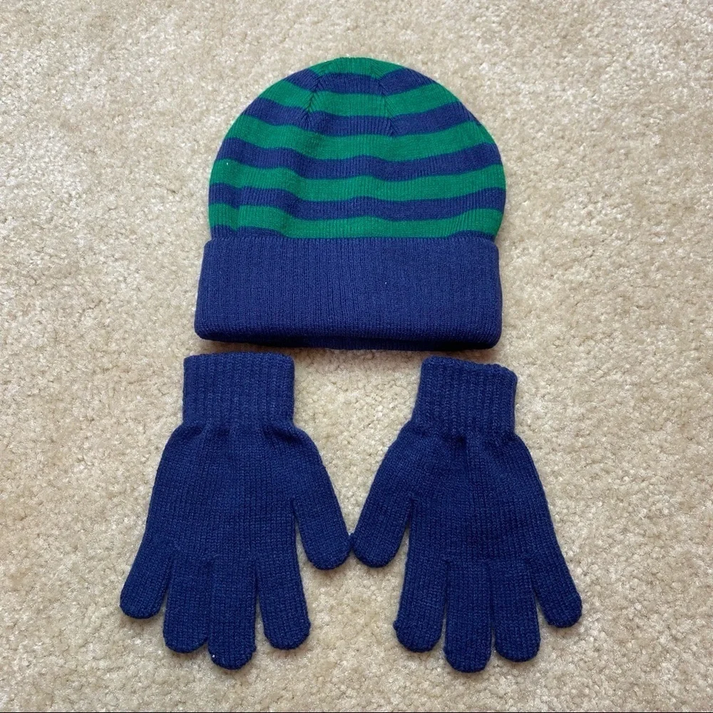 Blue and green knit Hat + Gloves set Boys Size Medium NWOT